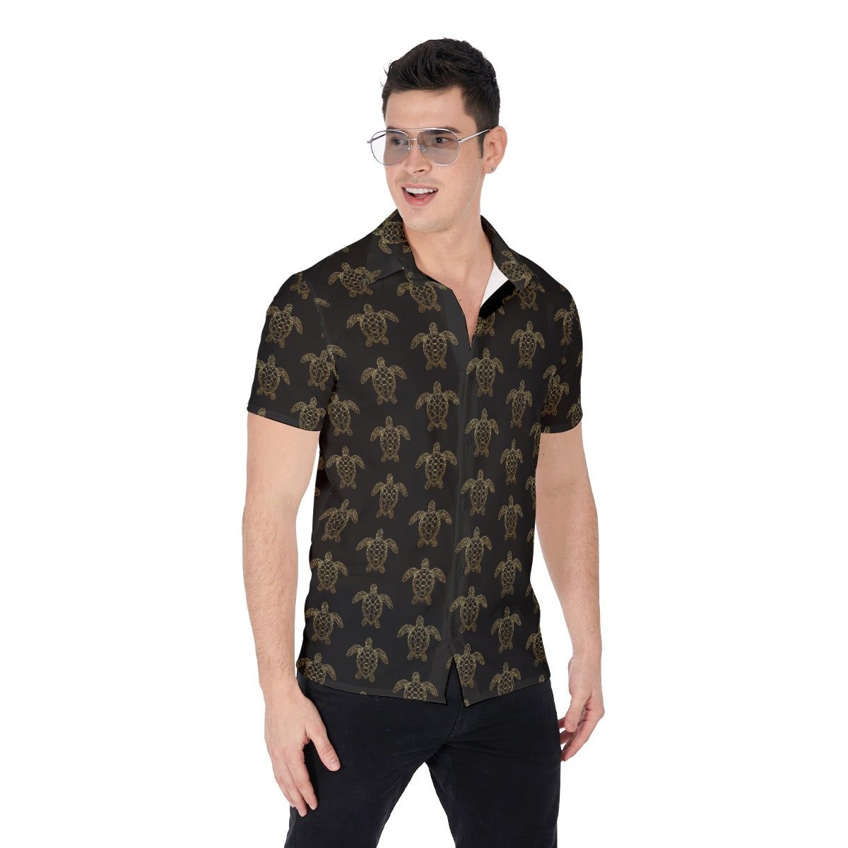 Men’s Black & Gold Sea Turtle Shirt Nautical Cruise Shirt Sail & Deck Wear Cruise Wear