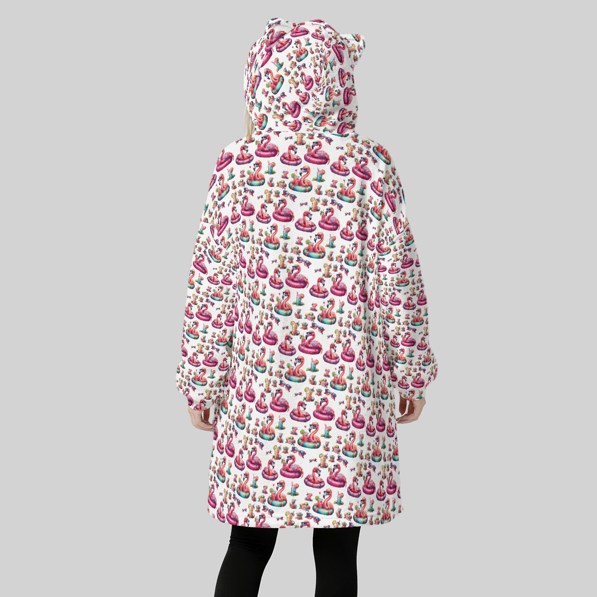 Flamingo Pool Party Hoodie Blanket for Women – Tropical Pink Flamingo Fleece Wearable Blanket