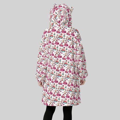 Flamingo Pool Party Hoodie Blanket for Women – Tropical Pink Flamingo Fleece Wearable Blanket