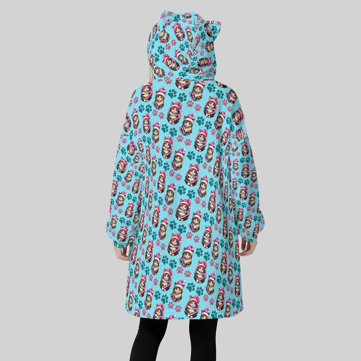 Women's Baby Blue Christmas Cat Blanket Hoodie – Cute Kitty Print Oversized Fleece Wearable Blanket