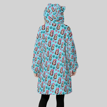 Women's Baby Blue Christmas Cat Blanket Hoodie – Cute Kitty Print Oversized Fleece Wearable Blanket