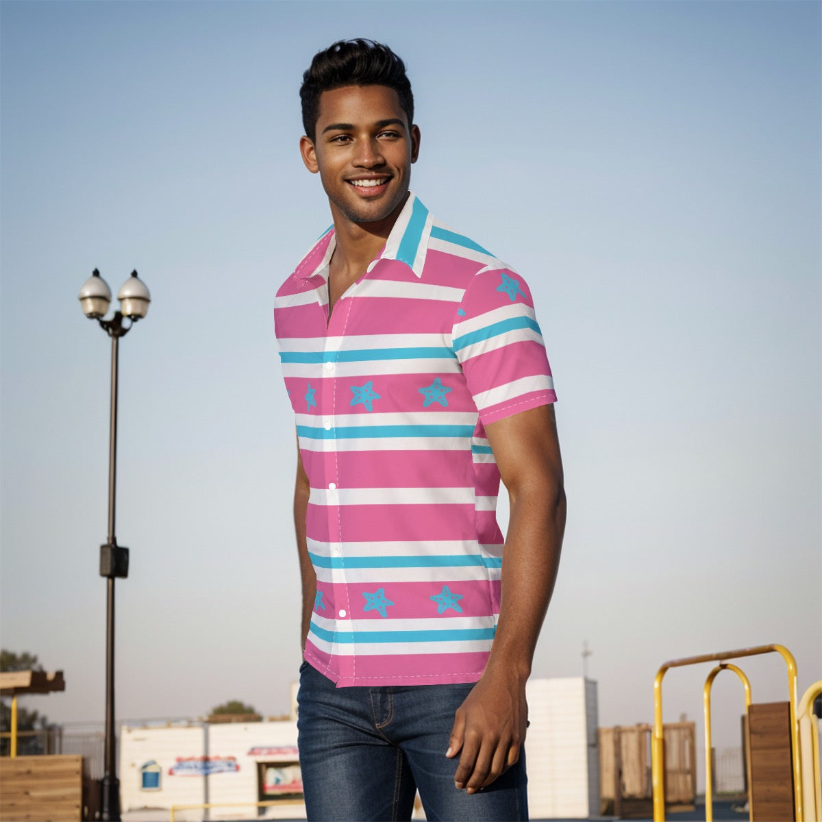 Men’s Starfish Striped Button-Up Shirt Pink Blue White Lightweight Beach & Cruise Top