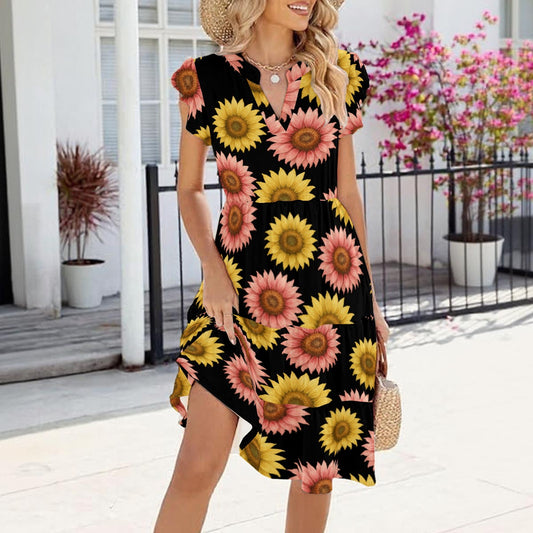 Women's Sunflower Midi Dress with Pockets in Yellow Pink Black
