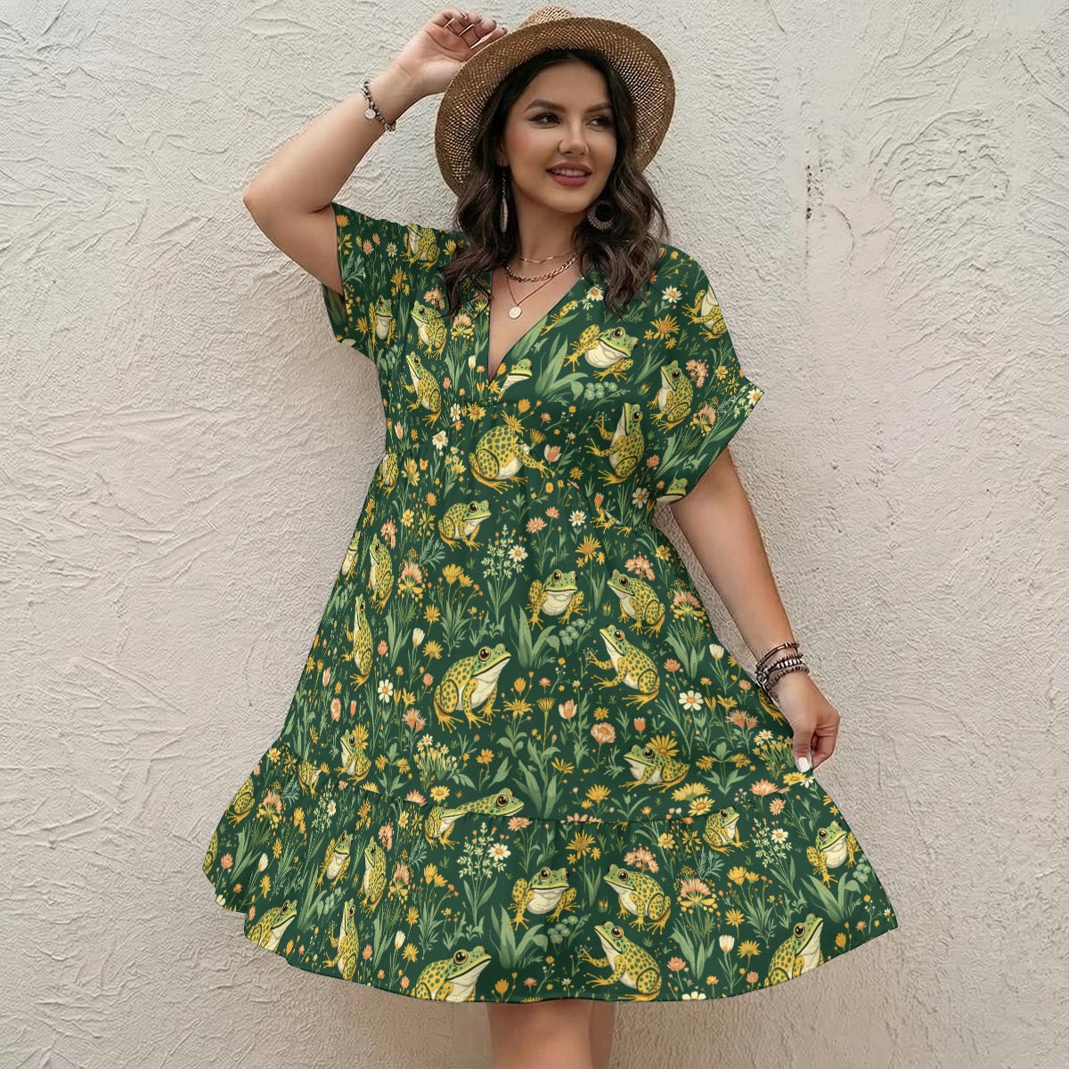 Green Spotted Frog Fairycore Loose Poly-Spandex Dr V-Neck Short Sleeve Dress