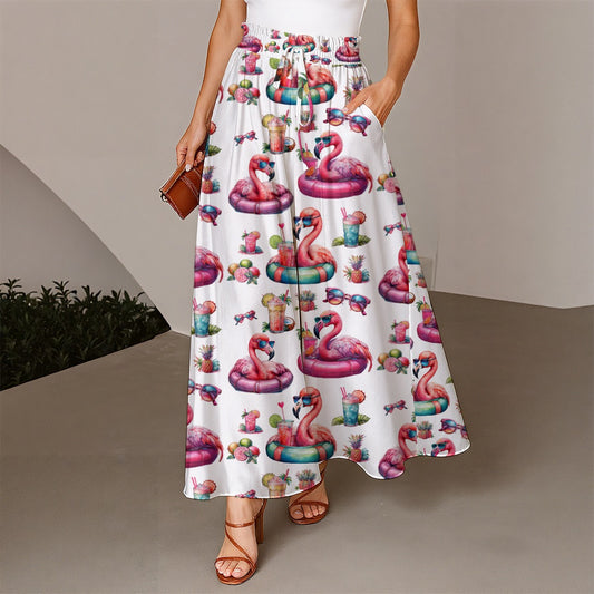 Women's Ruffled Wide-Leg Pants with Hot Pink Flamingo Print for Cruises & Vacations