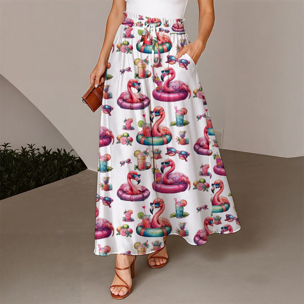 Women's Ruffled Wide-Leg Pants with Hot Pink Flamingo Print for Cruises & Vacations