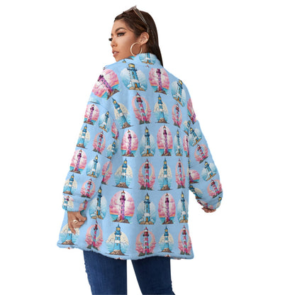 Oversize Lighthouse Super Soft Fleece Zip-Up Jacket for Women Pink & Baby Blue Coastal Borg Fleece