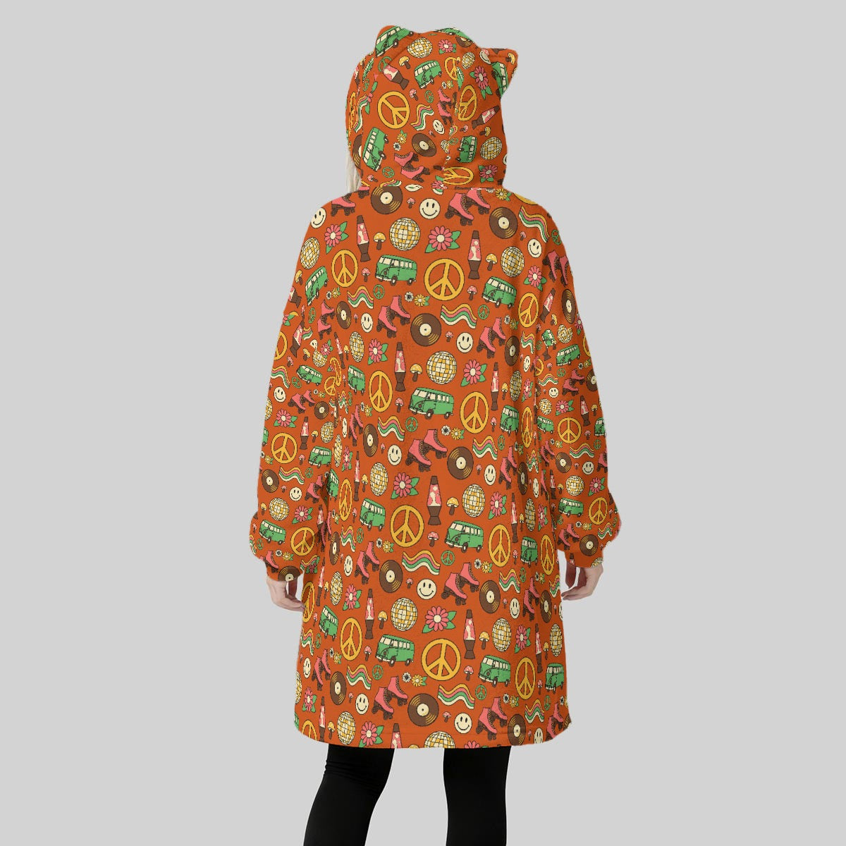 Women's Hippie Peace Sign Lava Lamp Blanket Hoodie – Retro Groovy Oversized Fleece Wearable Blanket
