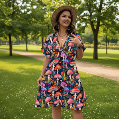 Mystic Mushrooms Trippy V-Neck Flow Dress for Women