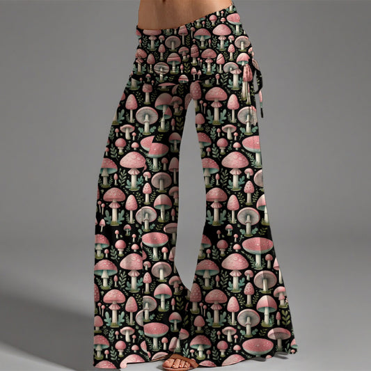 Women's High Waist Wide Leg Mushroom Cottage Core Pants, Black Pink Fairy Yoga Leggings Pants