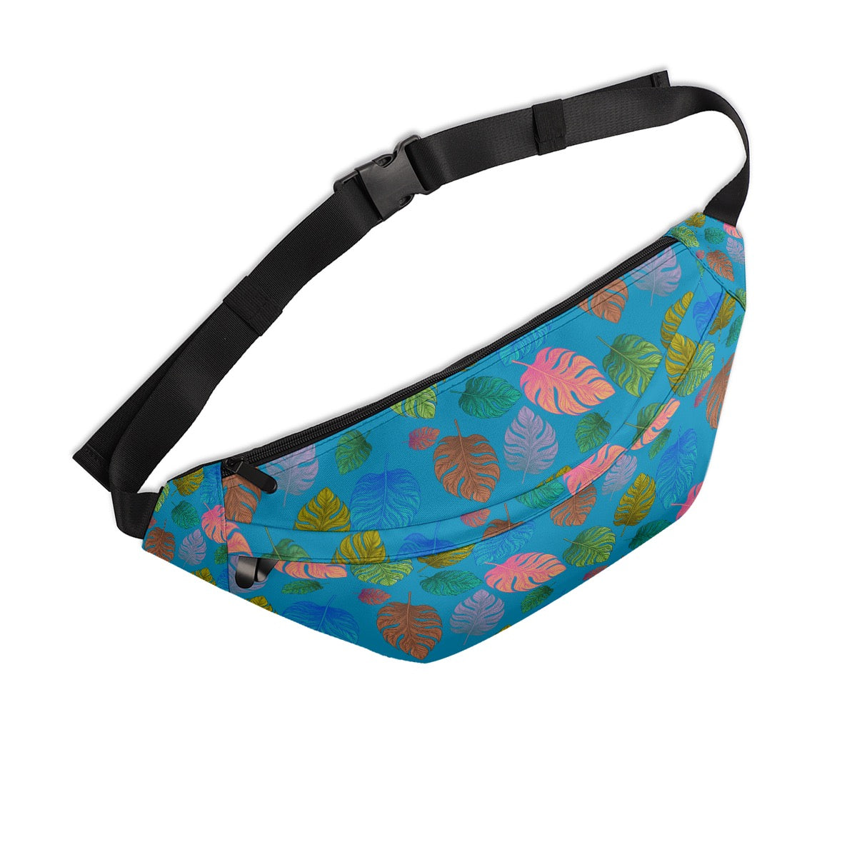 Blue Tropical Leaf Fanny Pack Colorful Vacation Waist Bag Cruise & Beach Travel Large Fanny Bag