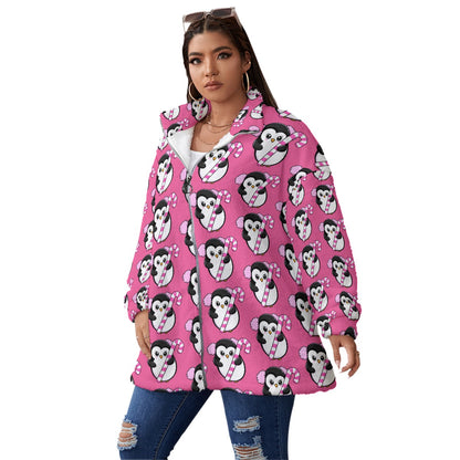 Unisex Fleece Collar Coat with Zipper Closure, Double-Sided Soft Warm Hot Pink Penguin Jacket