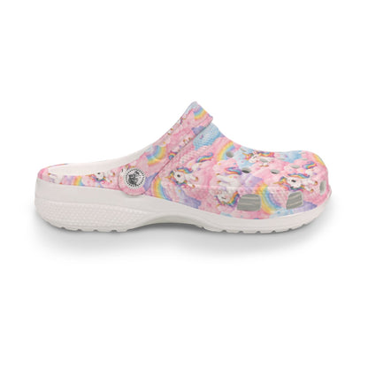 Pink Happy Unicorn in Cotton Candy Rainbows Women's Classic Clogs