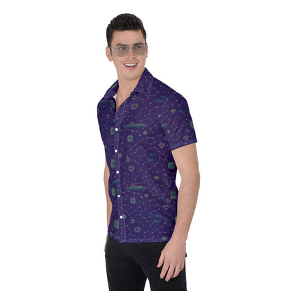 Men’s Sky Star & Jewel Ship Print Button-Up Shirt Nautical Cruise & Vacation Lightweight Top