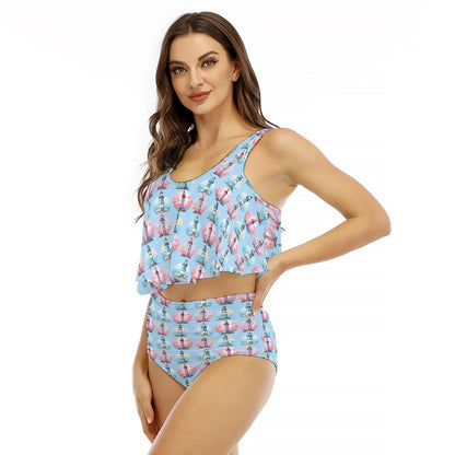Women’s Lighthouse Print Bikini Pink & Blue Nautical Two-Piece Swimsuit