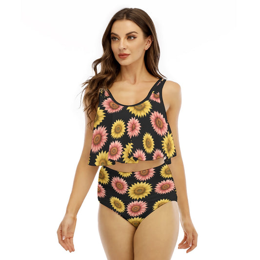 Women's Ruffled Sunflower Print Two Piece Swimsuit Bikini with Suspender Top
