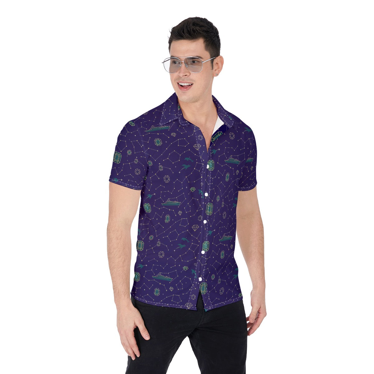 Men’s Sky Star & Jewel Ship Print Button-Up Shirt Nautical Cruise & Vacation Lightweight Top