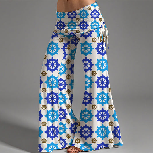 Women's High Waist Wide Leg Pants Blue Captains Wheel Geometric Print Yoga Leggings