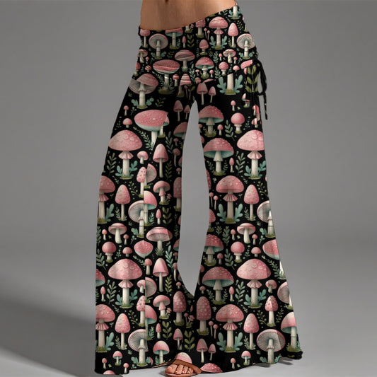 Women's High Waist Wide Leg Pants with Black Mushroom & Pink Fairy Cottagecore Flare Design