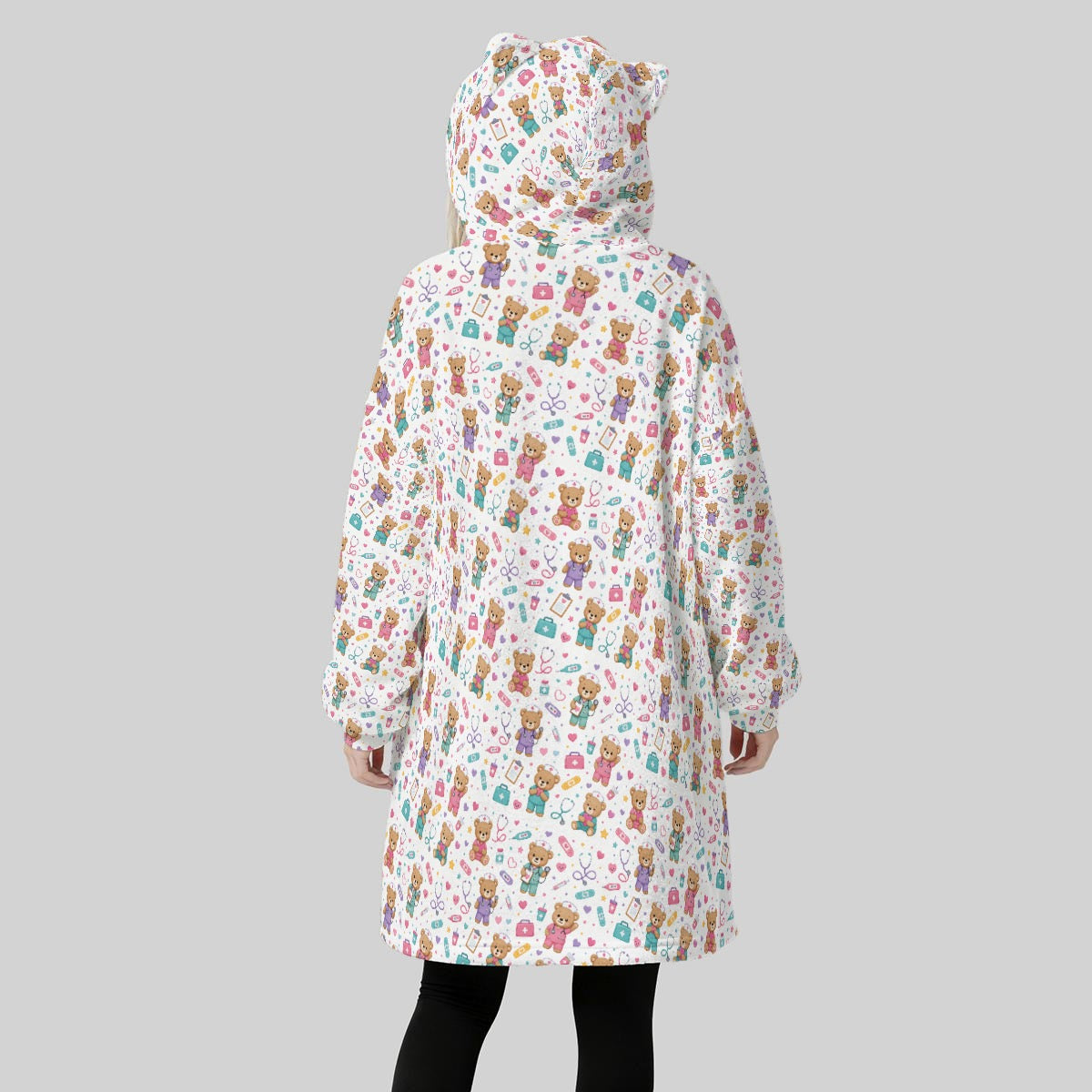 White Nurse Doctor Bear Hoodie Blanket for Women – Cute Teddy Bear Medical Fleece Wearable Blanket