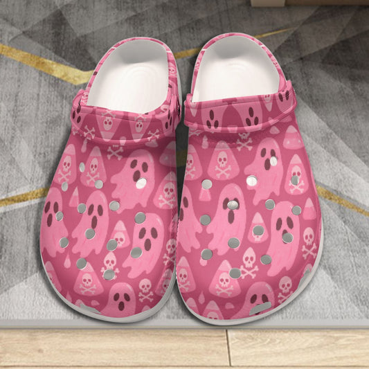 Women's Pink Spooky Ghost Skull Halloween Clogs by Crocs - Lightweight Anti-Slip EVA Sandals