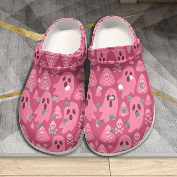 Women's Pink Spooky Ghost Skull Halloween Clogs by Crocs - Lightweight Anti-Slip EVA Sandals