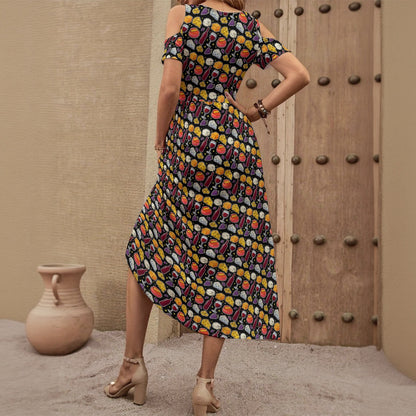 Funny Cheese and Wine Dress for Women – All-Over Print Off-Shoulder V-Neck Dress