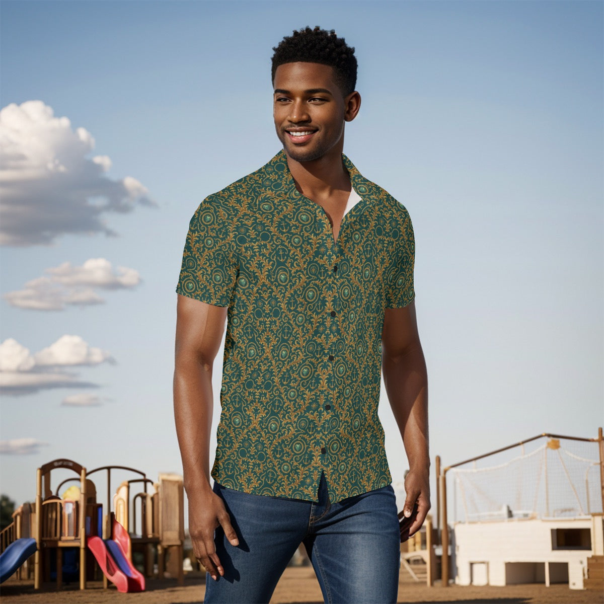 Classic Nautical Rope Shirt for Men Green & Gold Royal Print Button-Up