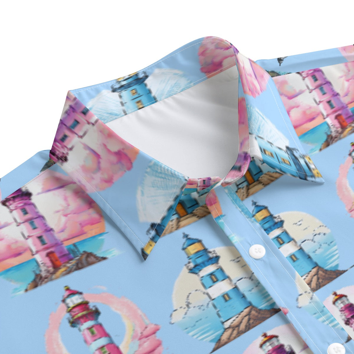 Light Blue Men's Lighthouse Button-Up Shirt with Lightweight Stretch Fabric Cruise Vacations Sailing