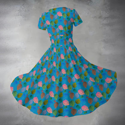 Blue Tropical Leaf Print V Neck Midi Dress Cruise Tropical Vacay Themed Night Outfit