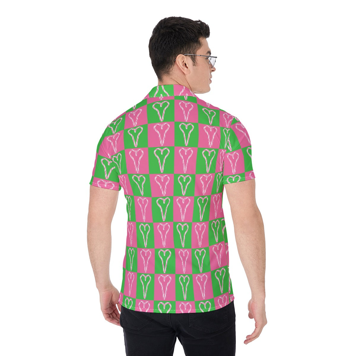 Mens Christmas Shirt - Ugly Sweater Print Hot Pink Candy Cane Pattern Men's Button-Up Cruise Vacay
