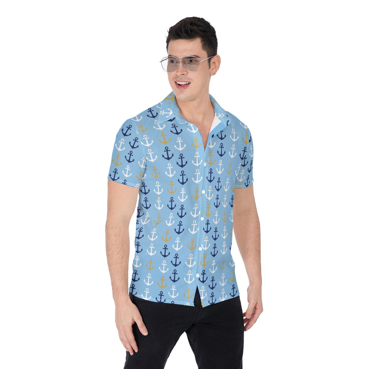 Men’s Nautical Blue Anchor Button Up Shirt Cruise Travel Coastal Cruise Shirt