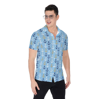 Men’s Nautical Blue Anchor Button Up Shirt Cruise Travel Coastal Cruise Shirt