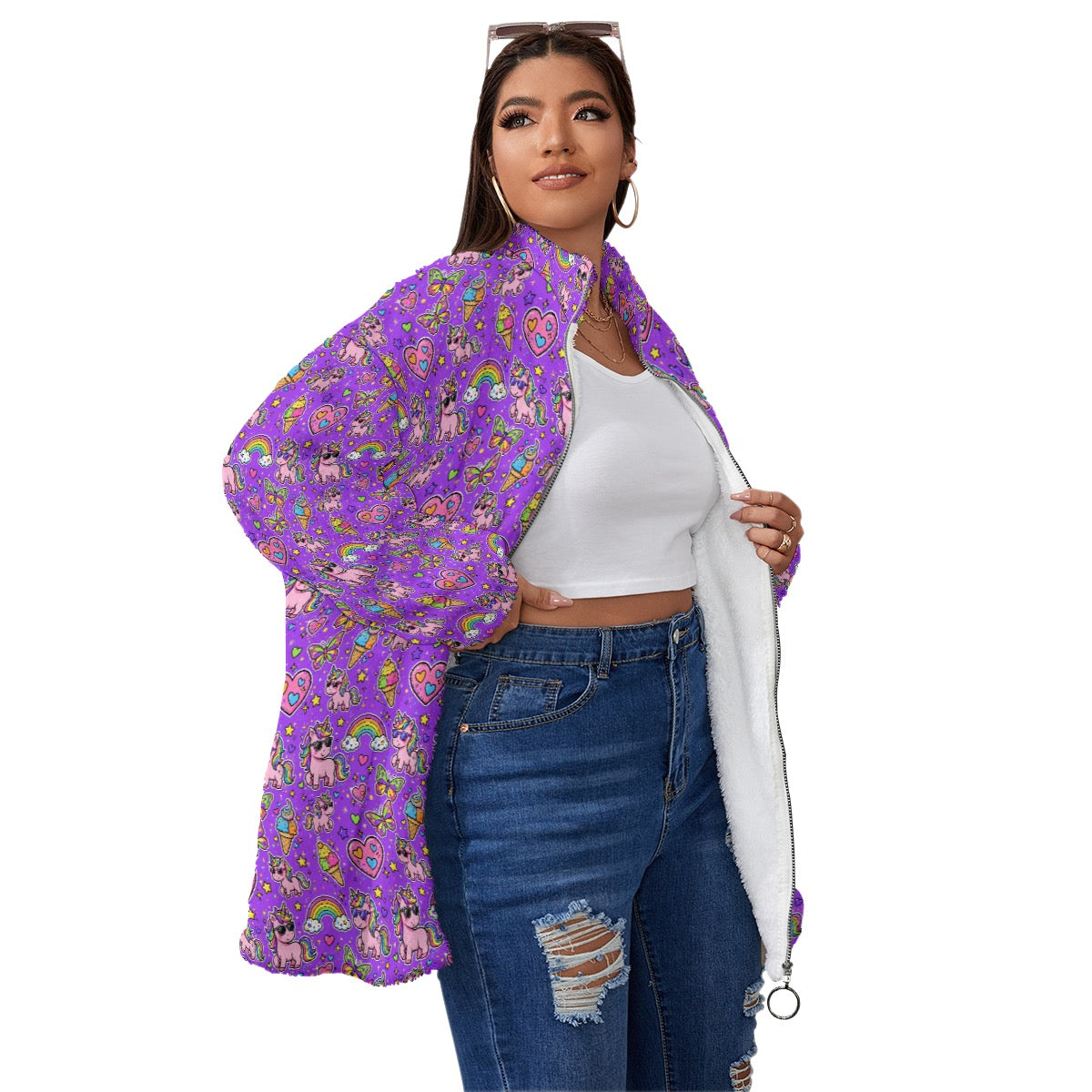 Purple Rainbow Unicorn Oversized Borg Fleece Coat – Cozy Stand-Up Collar Zip-Up Jacket