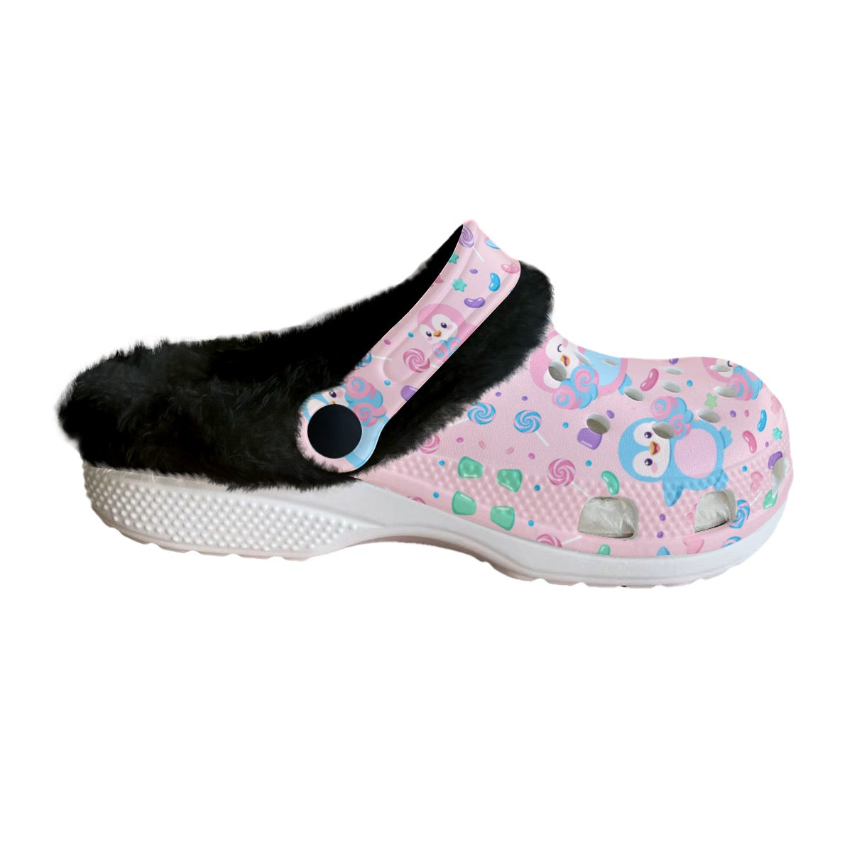Women’s Pink Cotton Candy Penguin Faux Fur Lined Clogs – Warm Cozy Winter Slip-On Shoes
