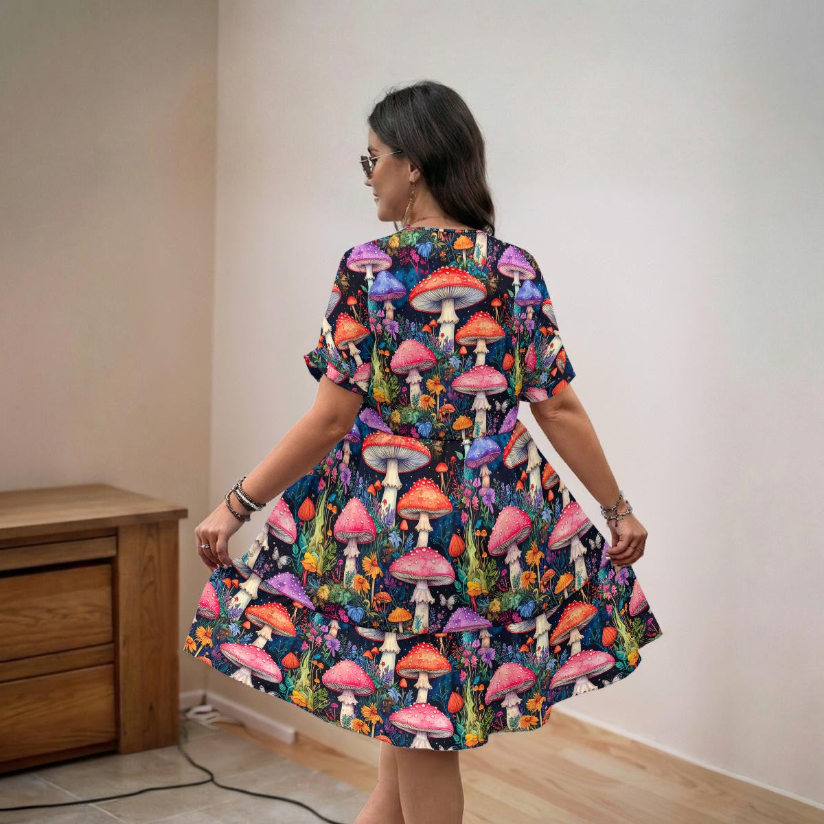 Mystic Mushrooms Trippy V-Neck Flow Dress for Women