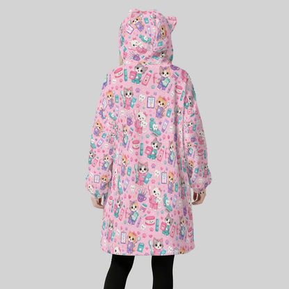 Pink Kitty Cat Dental Hygienist Hoodie Blanket for Women – Cute Dentist Cat Fleece Wearable Blanket