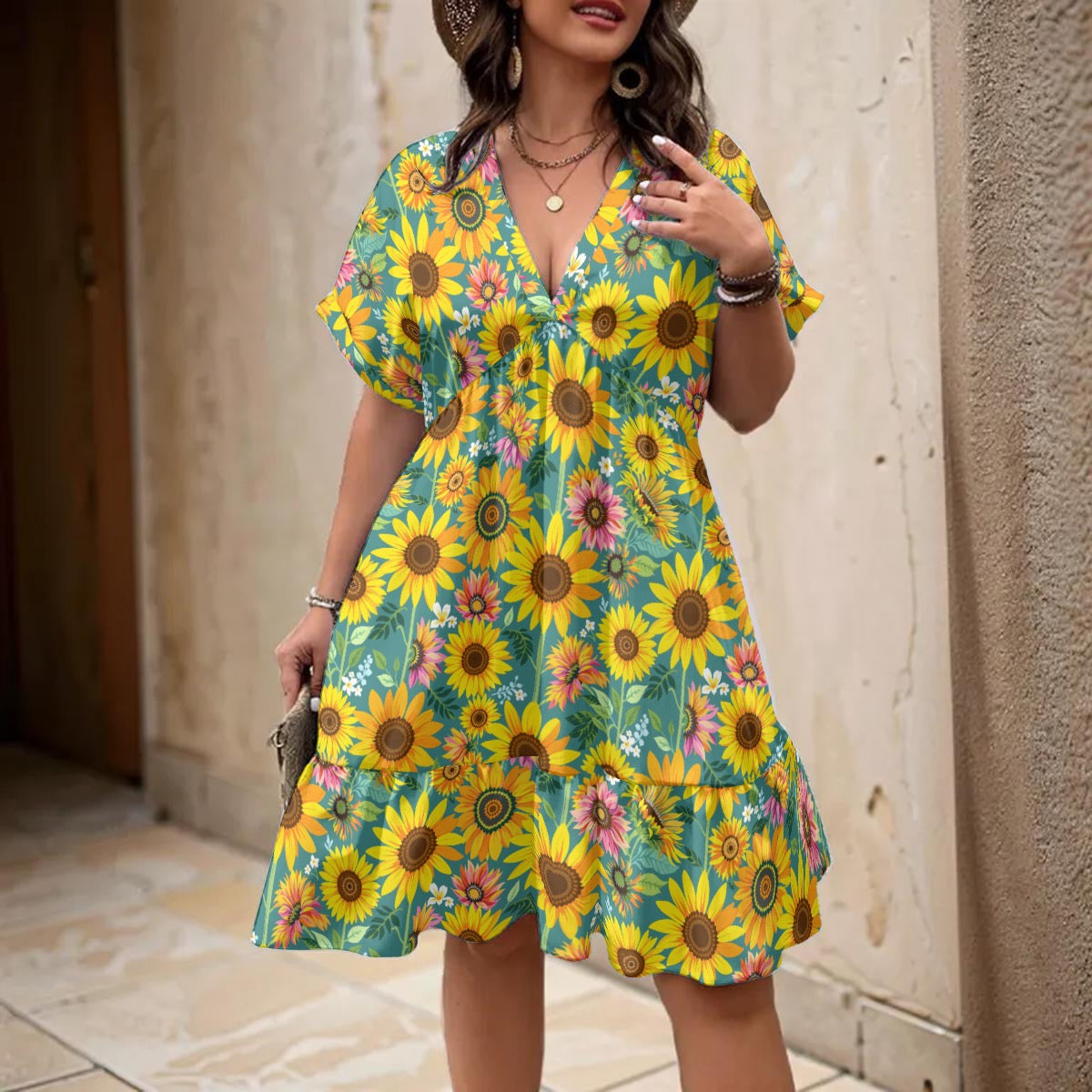 Women's Aqua Sunflower Dress – Lightweight Flowy Floral Dress