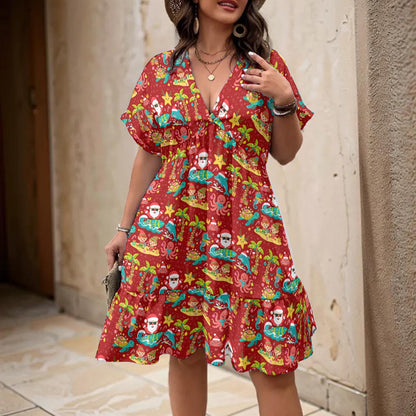 Santa Christmas Cruise Dress for Women – Festive Holiday V-Neck A-Line Dress