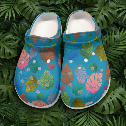 Blue & Multicolor Tropical Leaf Print Garden Clogs Cruise & Pool Shoes Women's Classic Clog Shoes
