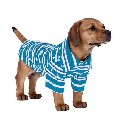 Dog Sailboat & Whale Striped Button-Up Shirt – Blue & White Nautical Pet Cruise Outfit