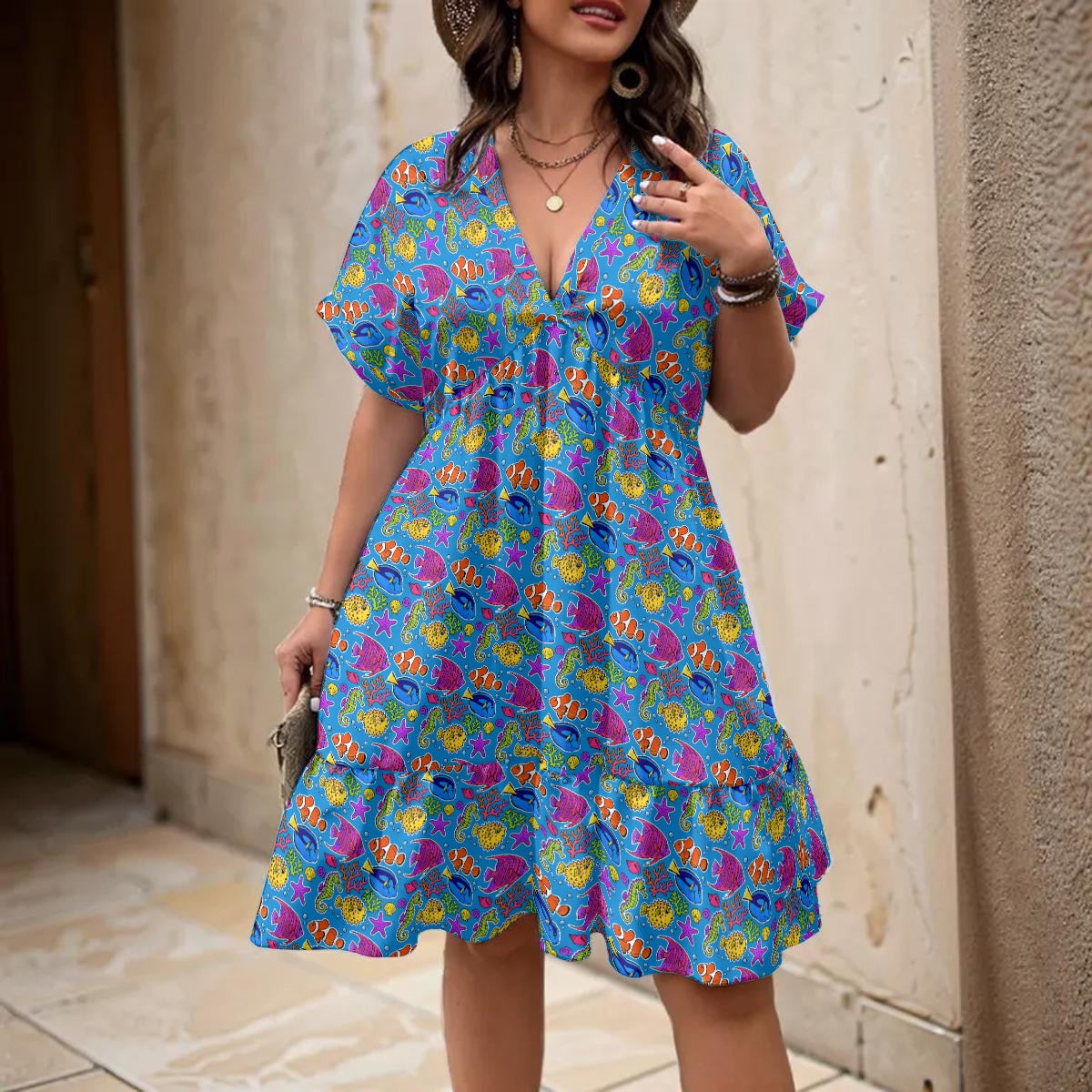 Tropical Rainbow Fish Dress for Women – Colorful Ocean Print V-Neck A-Line Dress