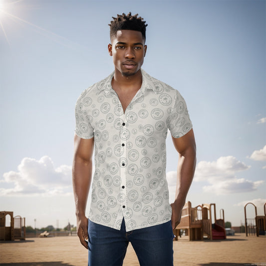 Men’s Vintage Postage Stamp Button-Up Shirt Beige & Tan Lightweight Cruise Travel Shirt Retro Re