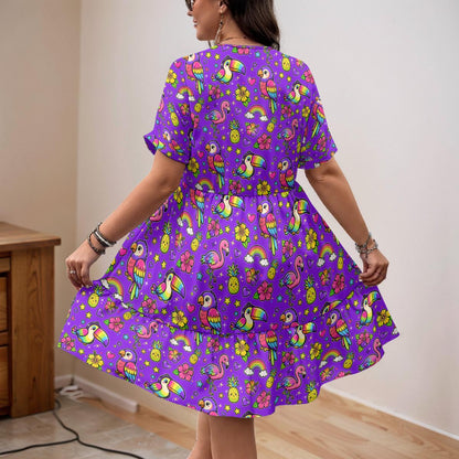 90s Purple Tropical Birds Dress for Women – Retro V-Neck A-Line Dress