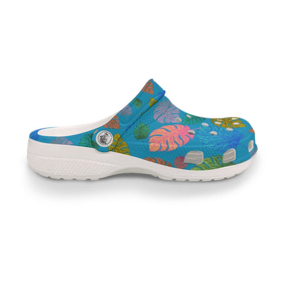 Blue & Multicolor Tropical Leaf Print Garden Clogs Cruise & Pool Shoes Women's Classic Clog Shoes
