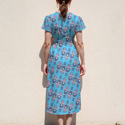 Women’s Baby Blue Nutcracker Flutter Sleeve Midi Dress – Stretch All-Over Print