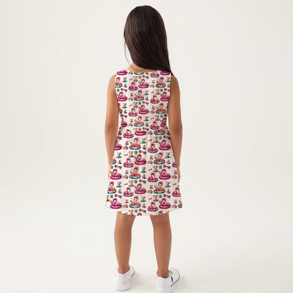 Girls Sleeveless A-Line Dress with Pink Flamingo Pool Party Print, Soft Milk Silk Fabric
