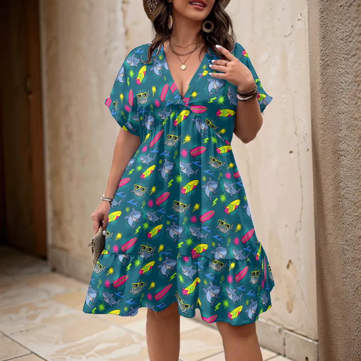Surfing Shark Dress for Women – Ocean-Themed V-Neck A-Line Summer Dress