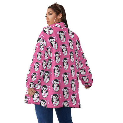 Unisex Fleece Collar Coat with Zipper Closure, Double-Sided Soft Warm Hot Pink Penguin Jacket
