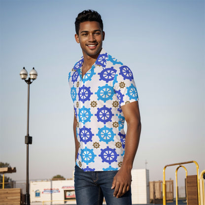 Captain's Wheel Geometric Cruise Shirt for Men - Blue White Pattern Summer Wear